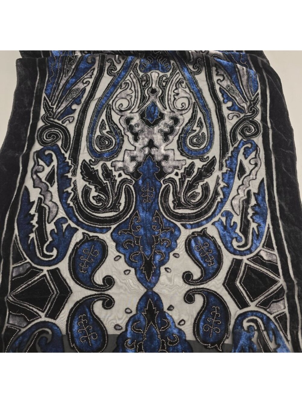 Velvet Embroidered Black & Blue Paisley Scarf With Fringe 20"x62" - Picture 5 of 6